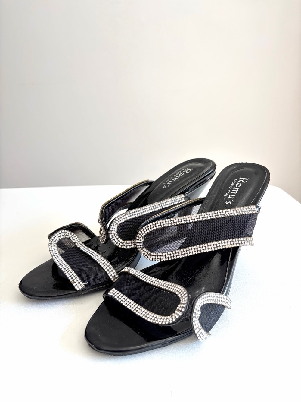 Vintage Romu’s Modo Italy Rhinestone Mesh Mule Heels Bling Glam Size 41